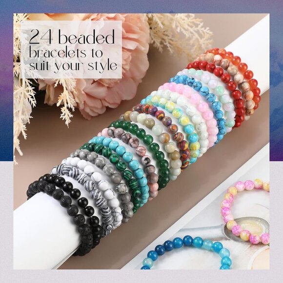 Gemstone Beaded Bracelets Set 24-Color Natural Stone Unisex Jewelry - Picture 6 of 7